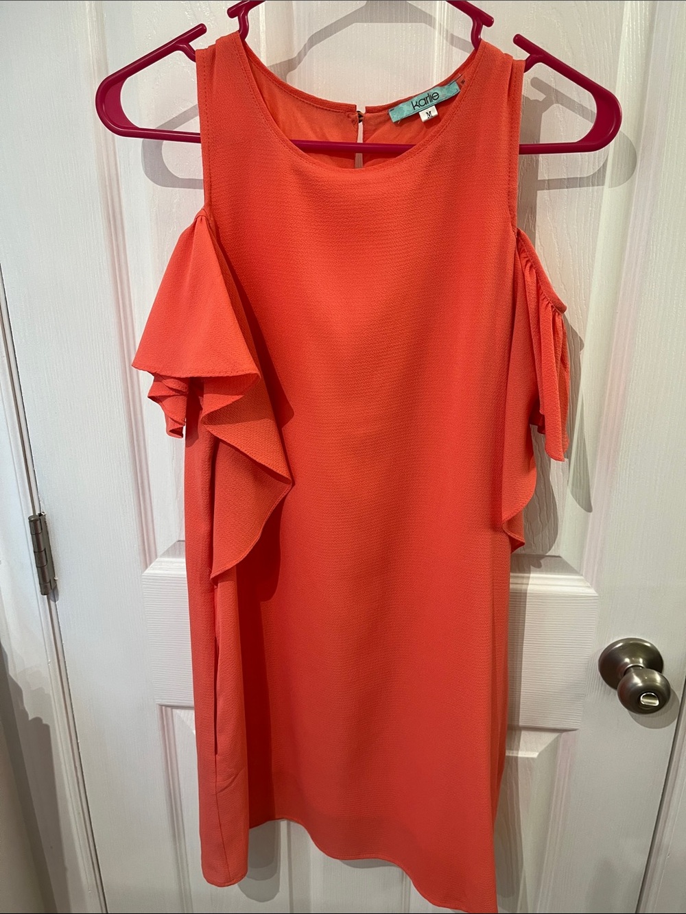 Karlie Coral Cold-Shoulder Ruffle Shift Dress